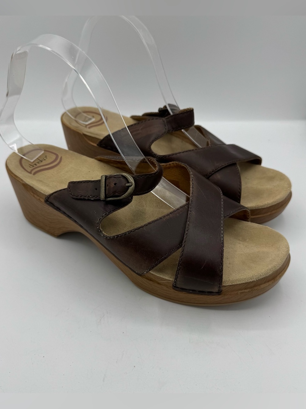 Dansko Sela Sandals Women 11 Brown Good Leather Criss-Cross Wood‎ Platform 41